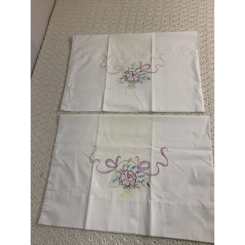 Vintage Pair (2) White Pillowcases Handpainted Flower Basket Ribbons 29”x21”